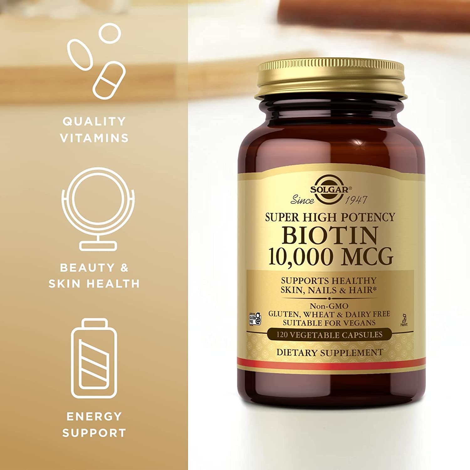 Solgar Biotin 10,000 mcg, 120 Vegetable Capsules - Pack of 2 - Energy, Metabolism, Promotes Healthy Skin, Nails & Hair - Super High Potency - Non-GMO, Vegan, Gluten & Dairy Free - 240 Total Servings