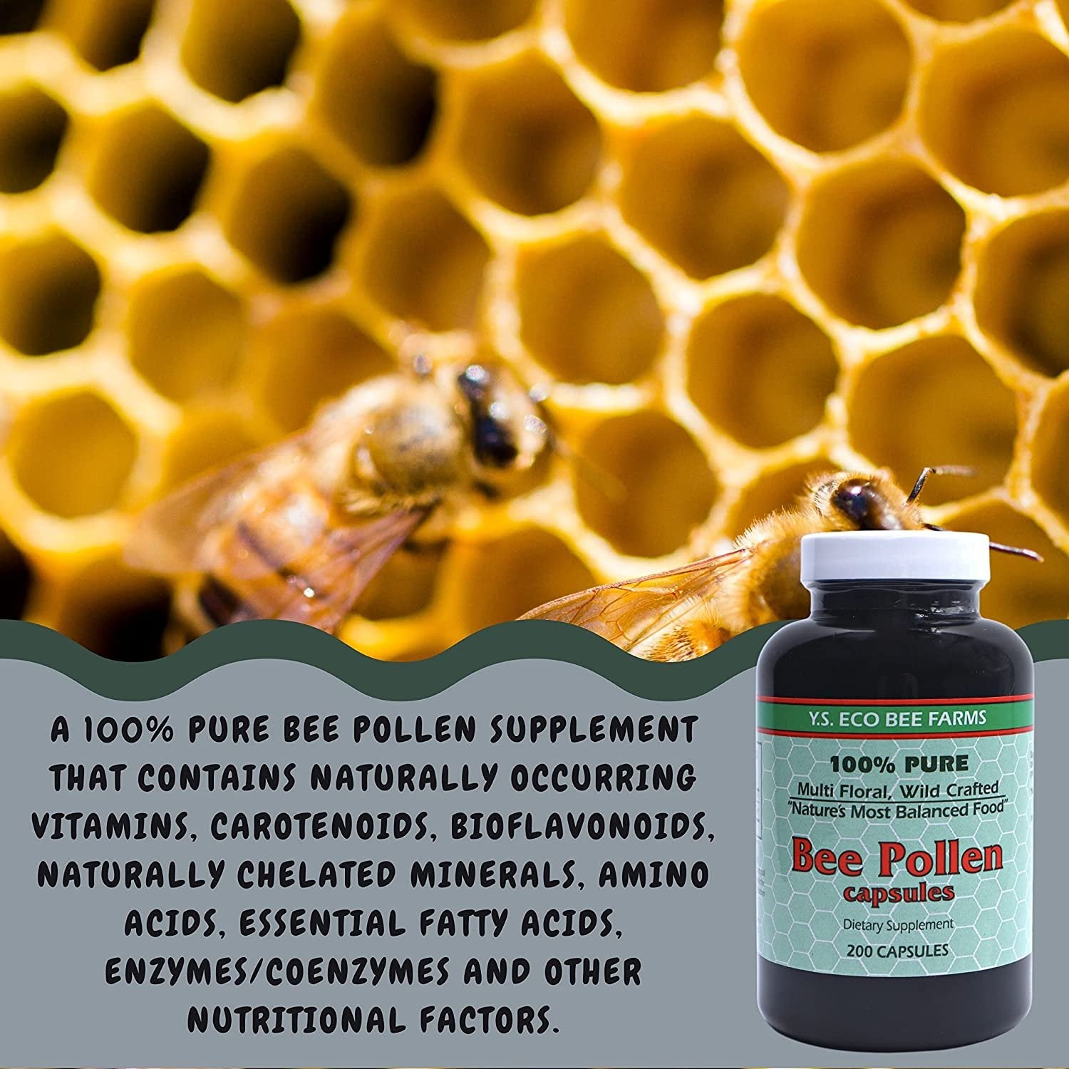 Y.S. Eco Bee Farms 100% Pure, Wild Crafted Bee Pollen Capsules - Organic Bee Pollen Vitamin Supplements Amino Acids, Organic Protein, Vitamin C, Vitamin B12 Gluten Free 2pk of 200ct w Bonus Key Chain