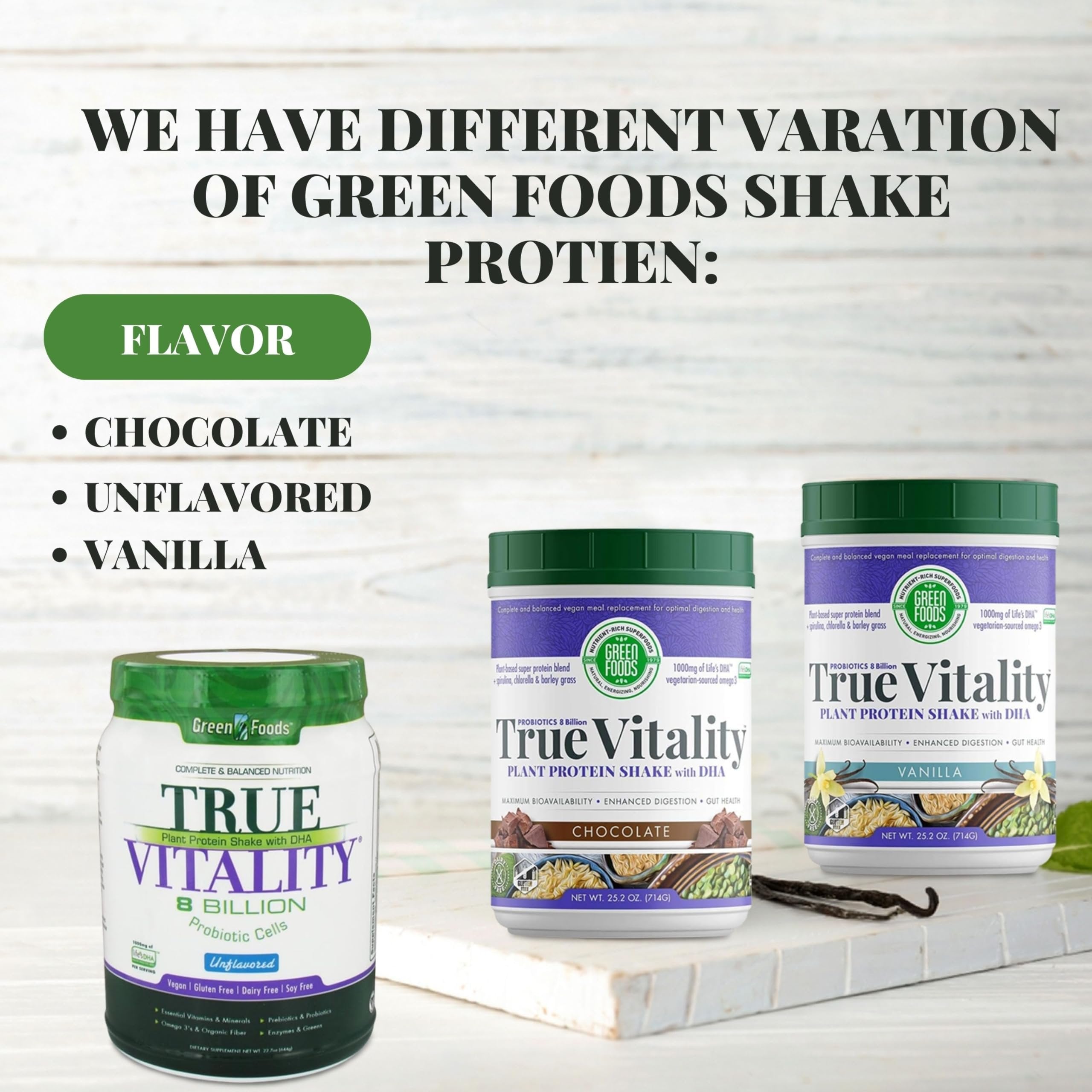 Worldwide Nutrition Bundle, 2 Items: Green Foods True Vitality Plant Protein Shake with DHA Vanilla - 25.2 oz Protein Powder Gluten Free Breakfast Shake Powder and Multi-Purpose Key Chain