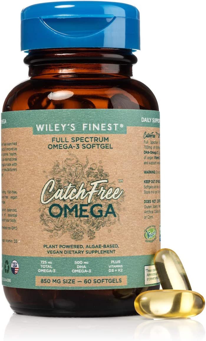 Wiley's Finest CatchFree Vegan Omega 3 Supplement, Organic Plant-Based Algae Oil DHA + EPA Fatty Acids, Fish Oil Alternative, Supports Heart, Brain, Joint Health, Vegetarian, Non-GMO, 60 Softgels