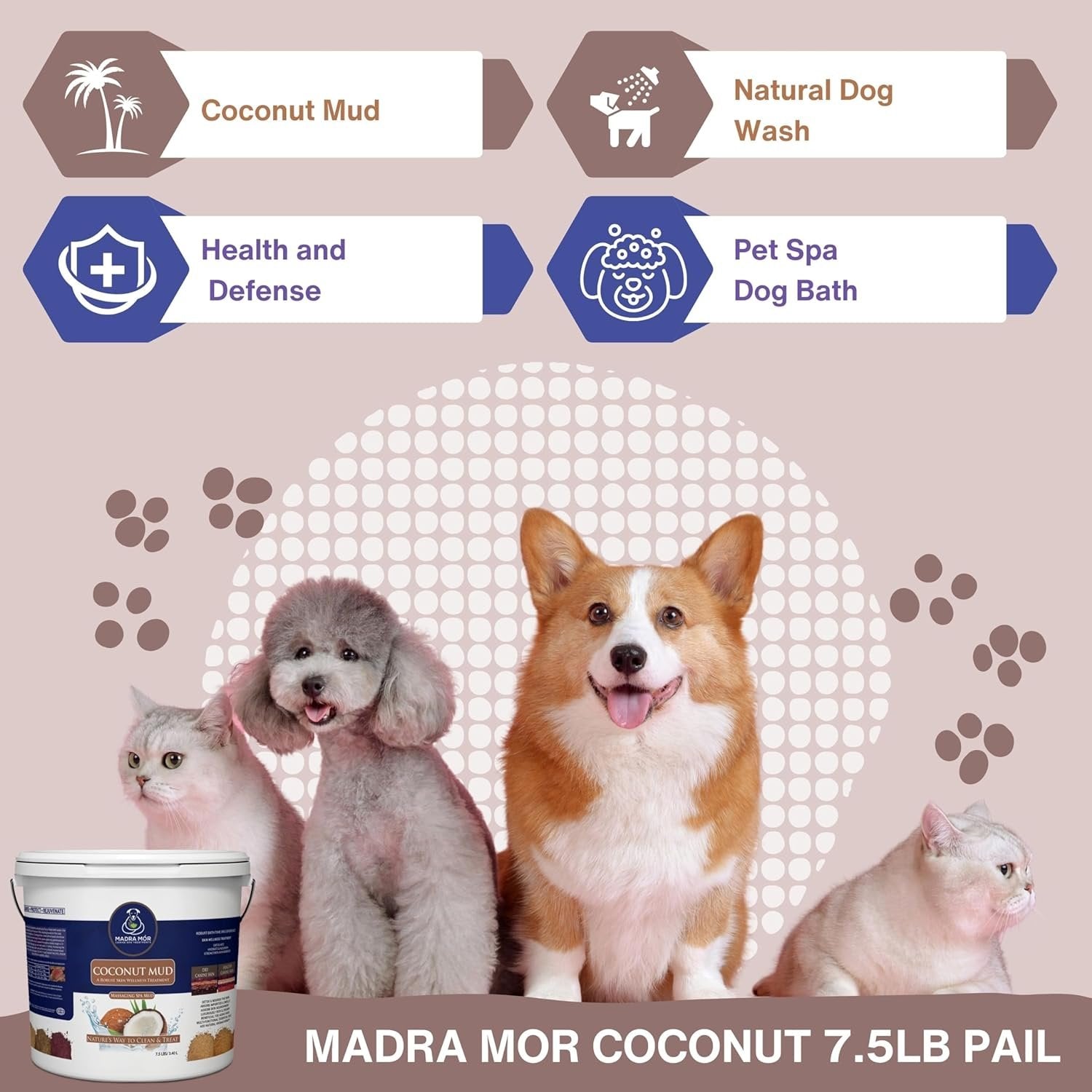 Madra Mor - Coconut Mud Massaging Spa Bath for Dogs - Skin Care, Grooming - 1 Pail of 7.5 lb - with Multi-Purpose Keychain