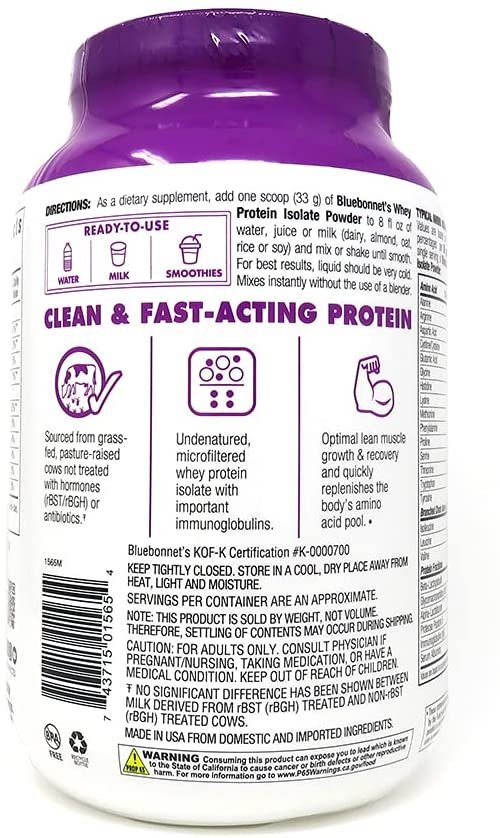 BlueBonnet Nutrition Whey Protein Isolate Powder From Grass Fed Cows, 26g of Protein, No Sugar Added, Non GMO, Gluten & Soy free, kosher Dairy, 2 Lbs, 28 Servings, French Vanilla Flavor