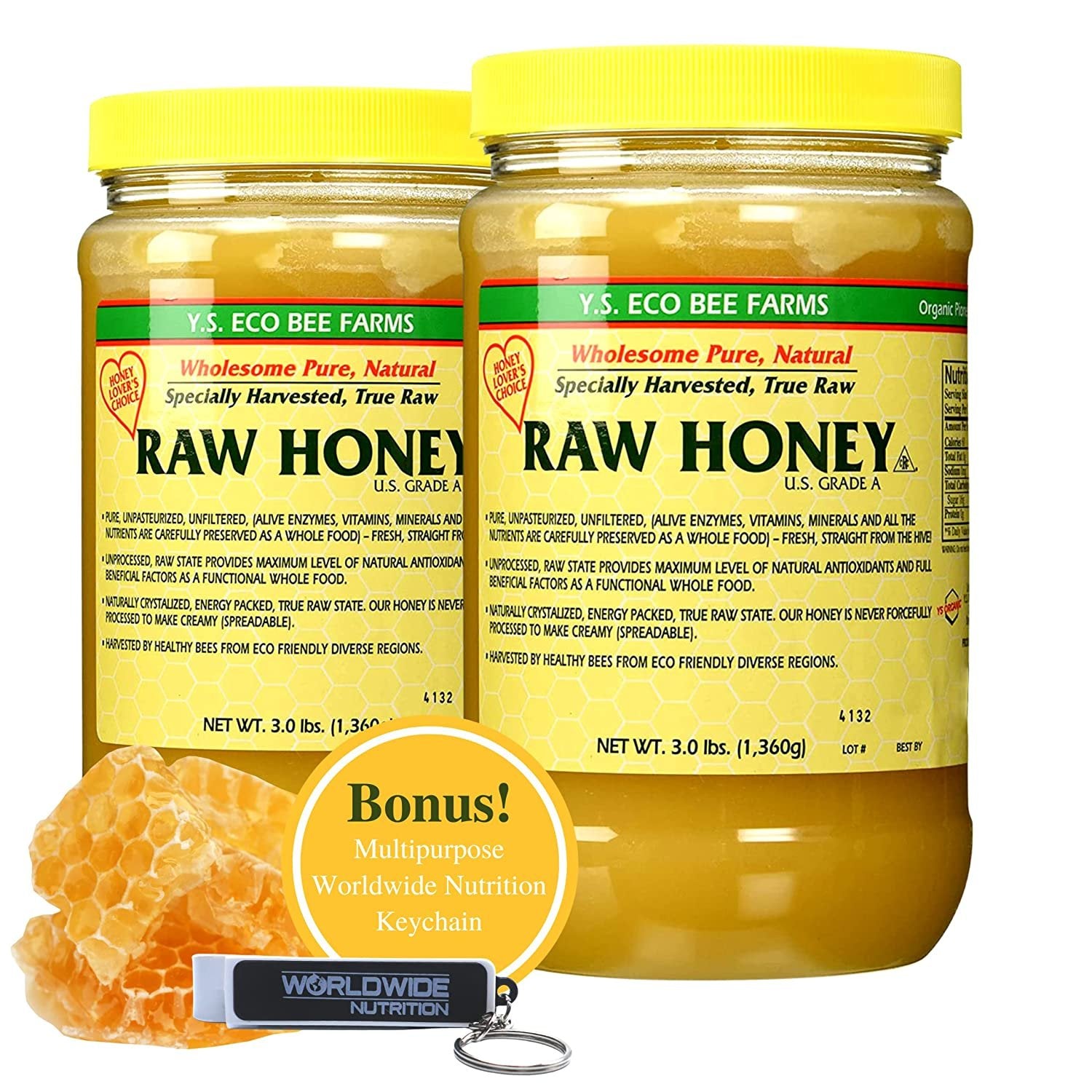 Y.S. Eco Bee Farms, Wholesome Natural Raw Honey, Unpasteurized, Unfiltered, Fresh Raw State, Kosher, Pure, Natural, Healthy, Safe, Gluten Free, Specially Harvested, 3lb - with Bonus Key Chain