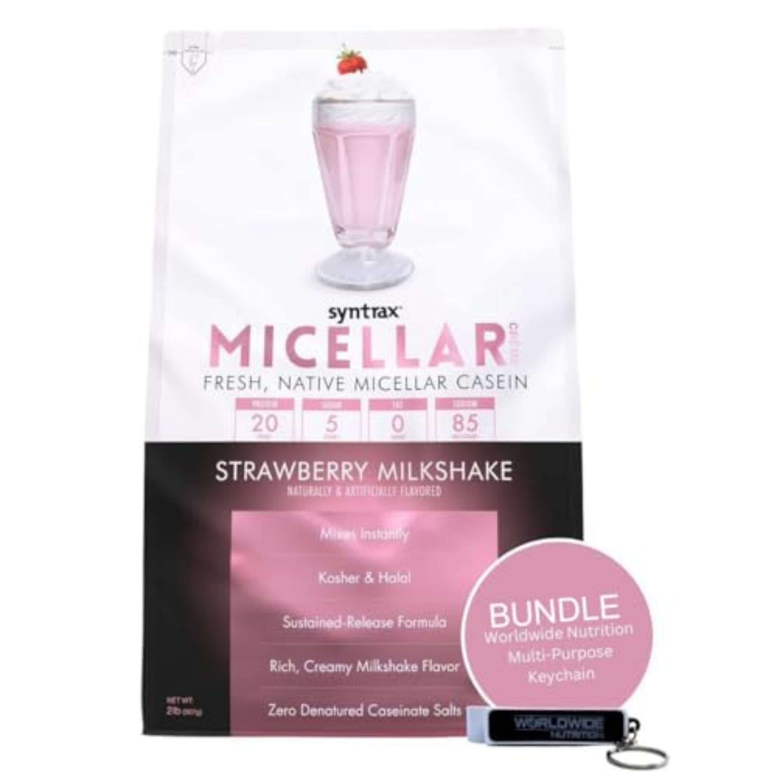 Syntrax Bundle, 2 Items: Micellar Créme Protein Powder - 2lbs of Kosher and Halal Casein Protein Powder, an Instant Mix for a Creamy High Protein Powder and Worldwide Nutrition Keychain.