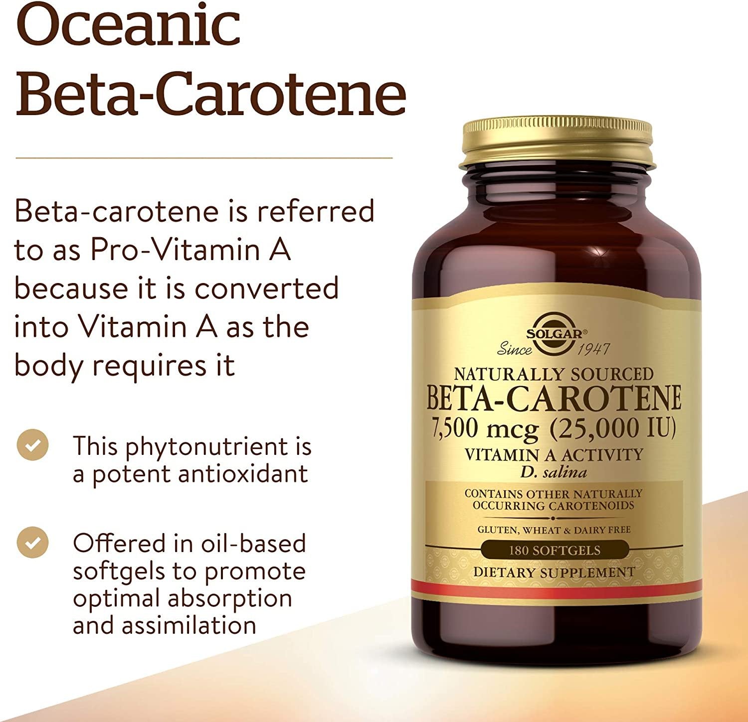 Solgar Oceanic Beta-Carotene 25,000 IU - Healthy Vision, Skin & Immune - 180 ct