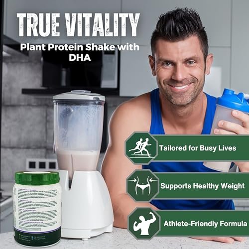 Green Foods True Vitality Plant Protein Shake with DHA Unflavored - 25.2 oz Protein Powder Gluten Free Breakfast Shake Powder and Multi-Purpose Key Chain