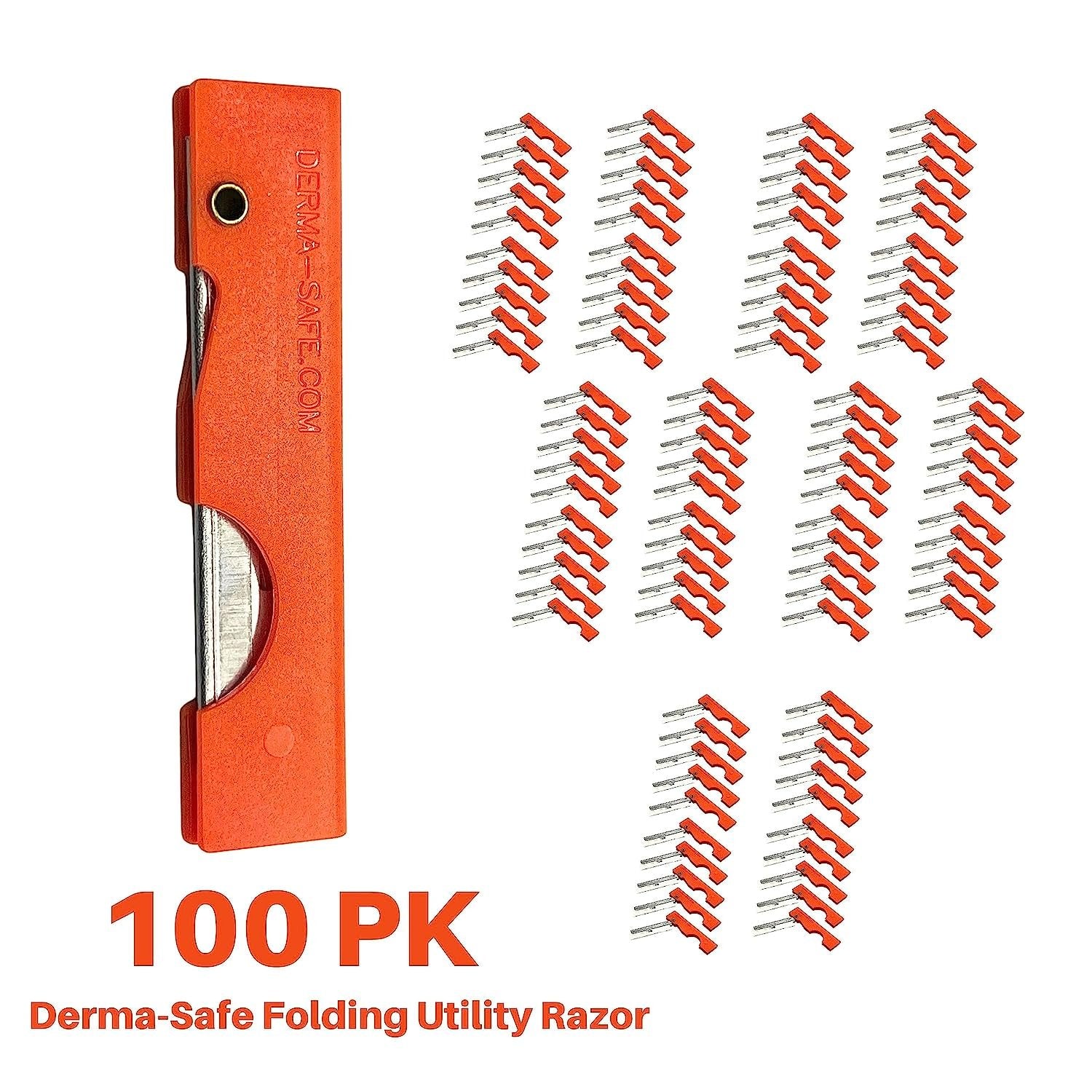 Derma-Safe Folding Utility Razor for Survival Utility and First Aid Kits - Mini Pocket Foldable Razor Blade, Folding Scalpel, (Orange) 100-Pack