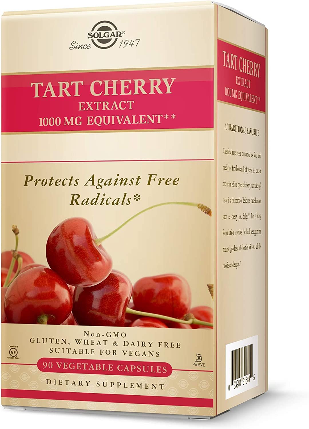 Solgar Tart Cherry 1000 mg, 90 Vegetable Capsules - Antioxidant with Quercetin, Chlorogenic Acid & Anthocyanins Compounds - Non GMO, Vegan, Gluten Free, Dairy Free - 90 Servings