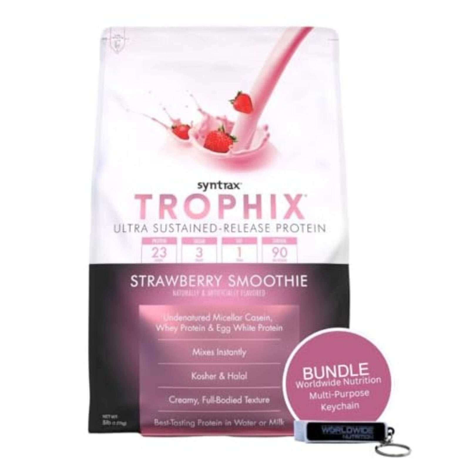 Syntrax Bundle, 2 Items: Trophix Undenatured Casein Protein - Instant Mix Whey Protein & Egg White Protein Powder and Worldwide Nutrition Keychain