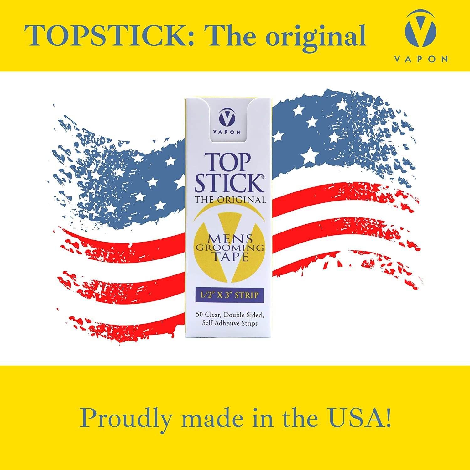Vapon Topstick - The Original Men's Grooming Tape - 50 Count 1/2" x 3" Double Sided, Self Adhesive, Clear Tape for Toupee and Wig Adhesion - Hypo Allergenic, Waterproof, and Latex Free