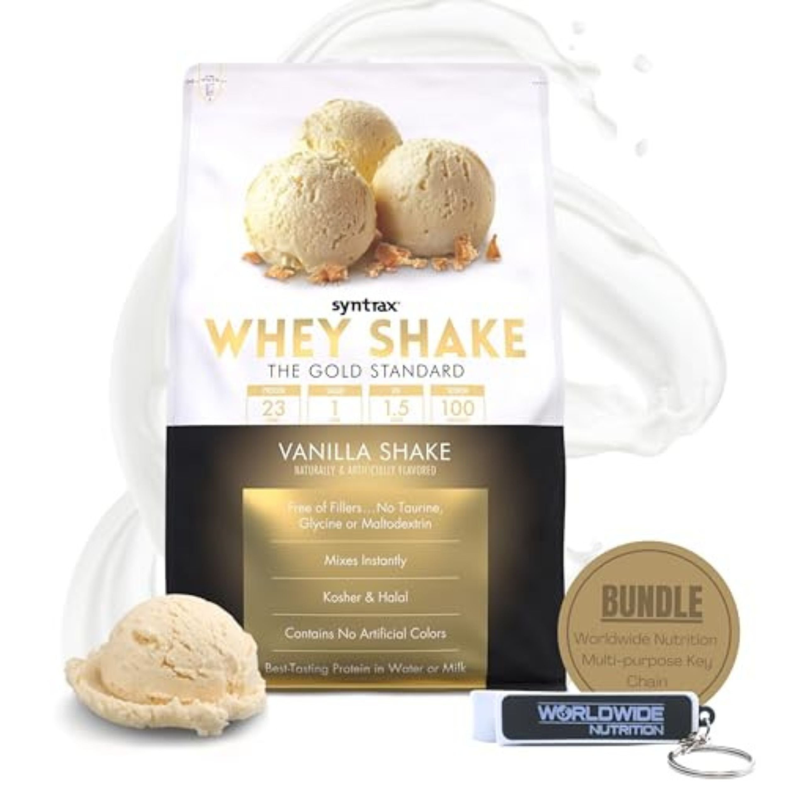 Syntrax Bundle, 2 Items Whey Shake Vanilla Shake, Native Grass-Fed Wholesome Denatured Whey Protein Concentrate with Glutamine Peptides 5 Pounds with Worldwide Nutrition Keychain