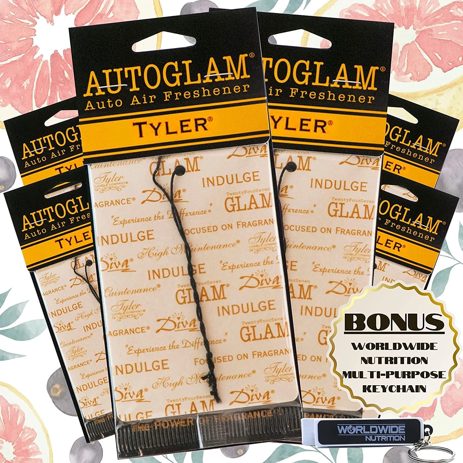 Tyler Candle Company AutoGlam Car Air Fresheners - Tyler Scent Car Fresheners | Car Odor Eliminator Air Refresher | Car Accessories - Pack of 6 w Worldwide Nutrition Multi Purpose Key Chain