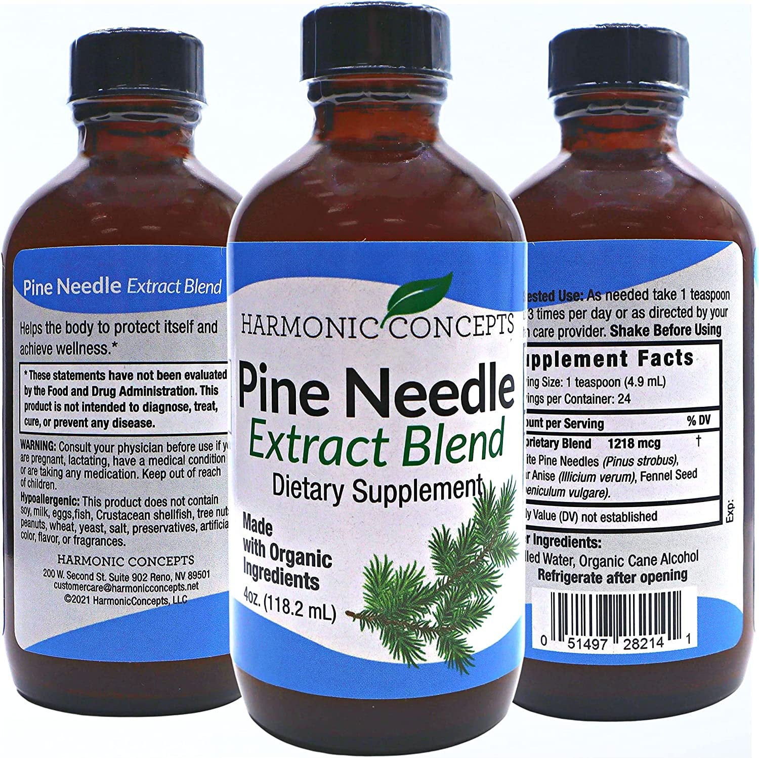 Harmonic Concepts Pine Needle Extract Blend - Organic Liquid Dietary Supplement - Vitamin A and Vitamin C - Immune Support Supplement - 4 Oz with Worldwide Nutrition Multi Purpose Key Chain