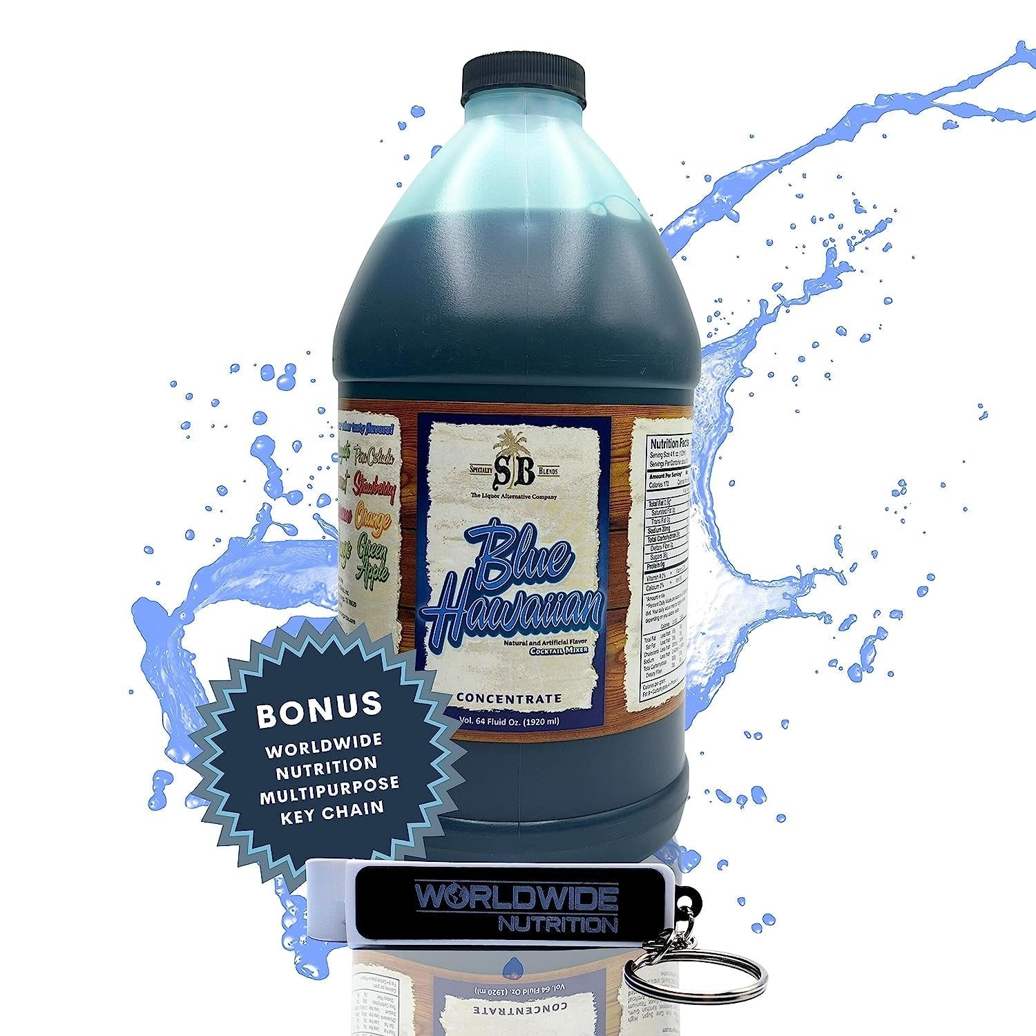 Specialty Blends Blue Hawaiian Drinks Syrup Margarita Mix Concentrate, Made with Organic Blue Hawaiian 1/2 Gallon Drink Mix (Pack of 1) - with Bonus Worldwide Nutrition Multi Purpose Key Chain