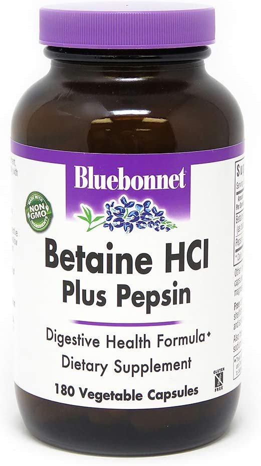 BlueBonnet Betaine HCI Plus Pepsin Vegetarian Capsules, 180 Count, White (743715008977)