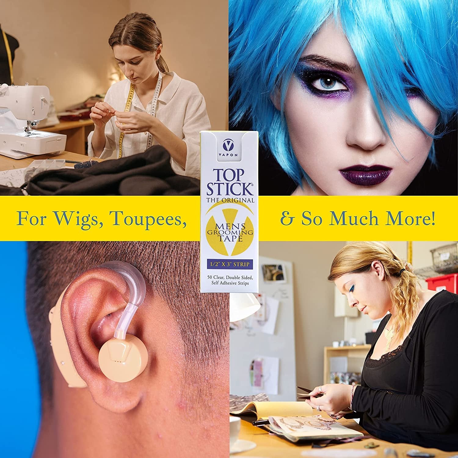 Vapon Topstick - The Original Men's Grooming Tape - 50 Count 1/2" x 3" Double Sided, Self Adhesive, Clear Tape for Toupee and Wig Adhesion - Hypo Allergenic, Waterproof, and Latex Free