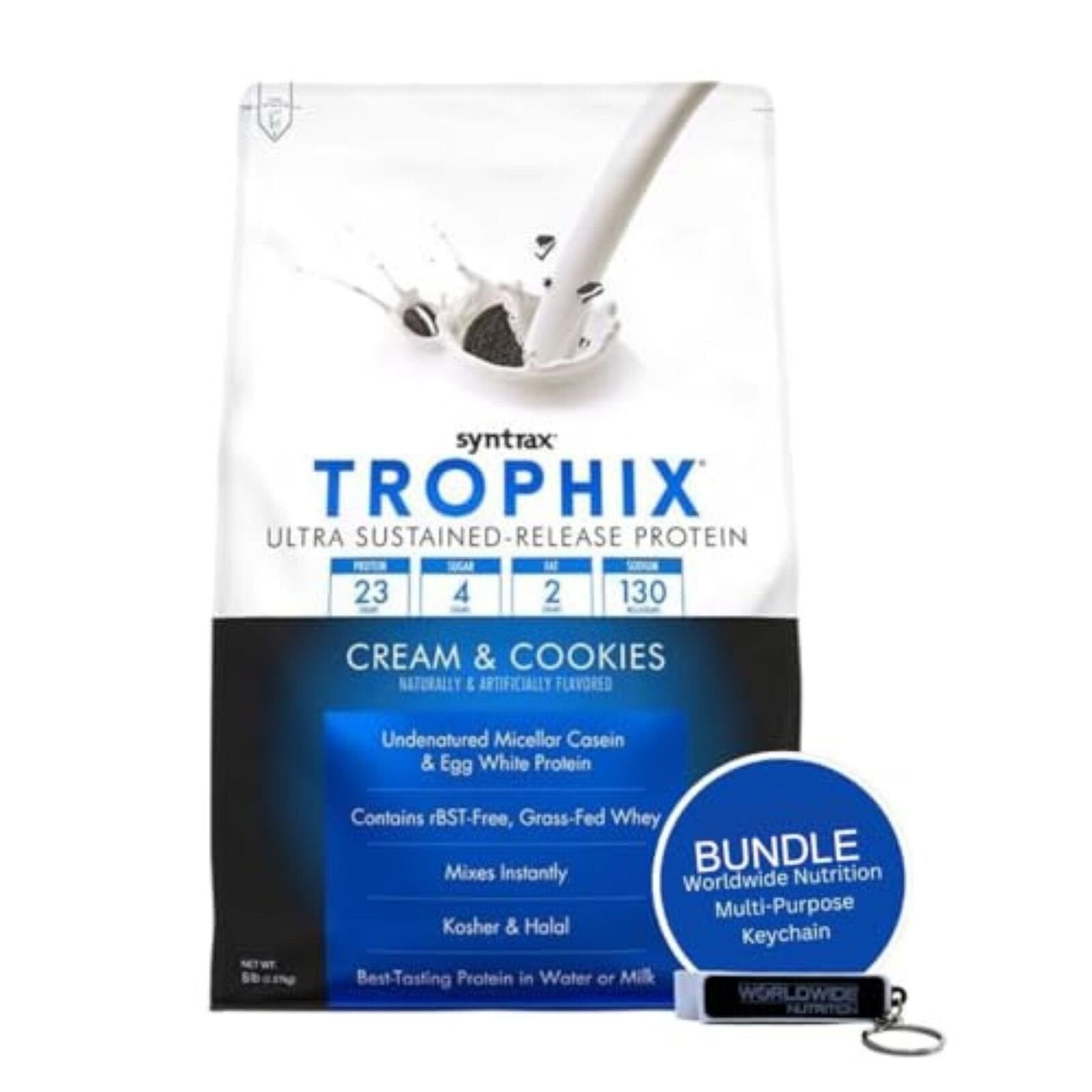 Syntrax Bundle, 2 Items: Trophix Undenatured Casein Protein - Instant Mix Whey Protein & Egg White Protein Powder and Worldwide Nutrition Keychain