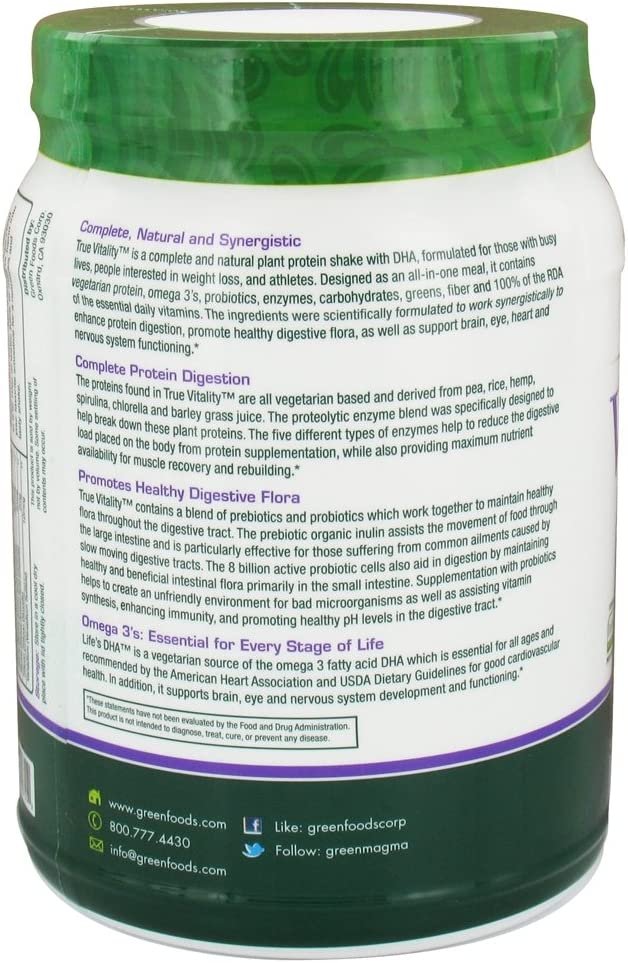 True Vitality Plant Protein Shake with DHA-Unflavored Green Foods 22.7 oz Powder