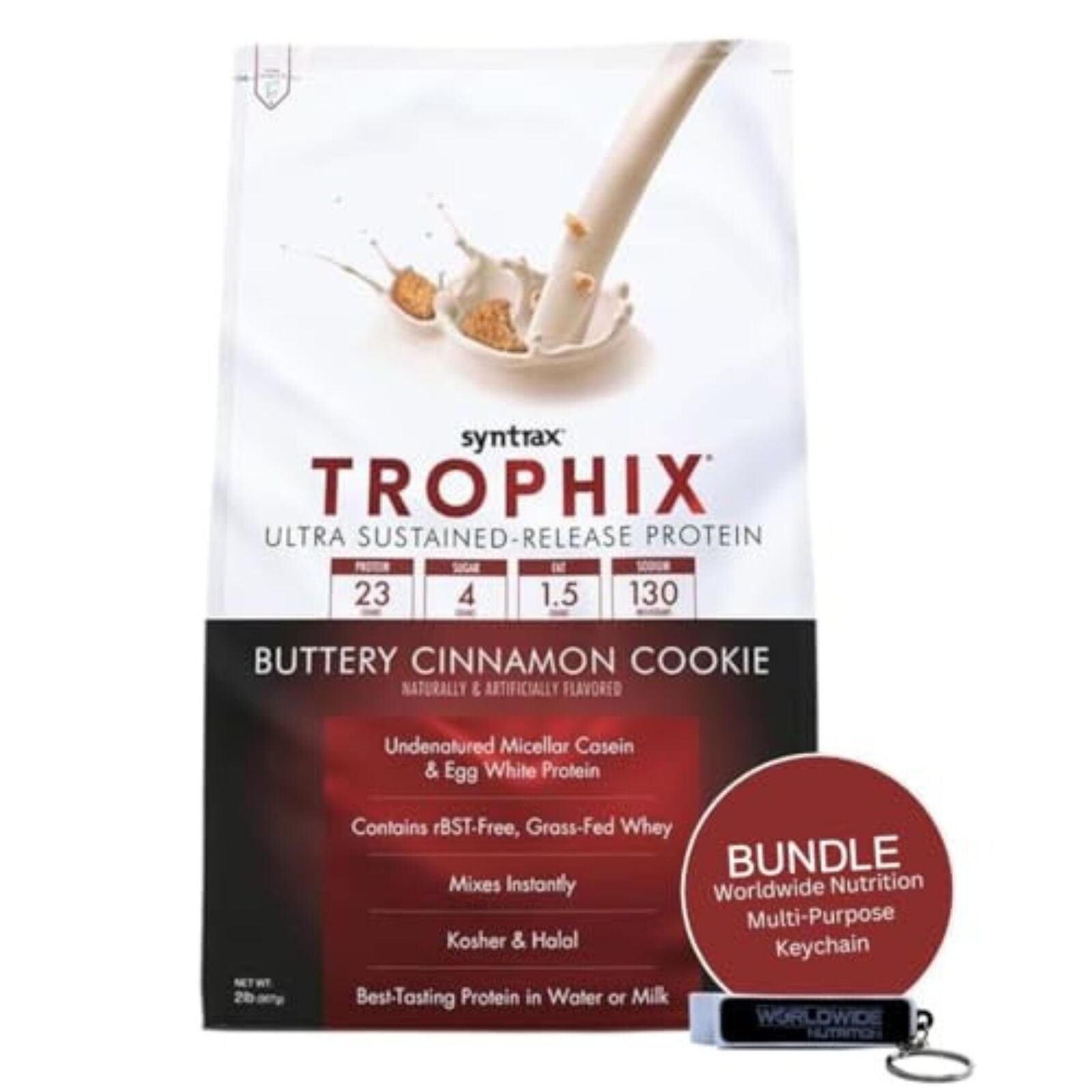 Syntrax Bundle, 2 Items: Trophix Undenatured Casein Protein - Instant Mix Whey Protein & Egg White Protein Powder and Worldwide Nutrition Keychain