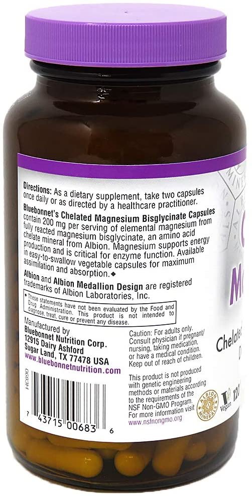Bluebonnet Nutrition Albion Chelated Magnesium Vegetable Capsule, 200mg, 120 Vegetable Capsule, 2 Month Supply