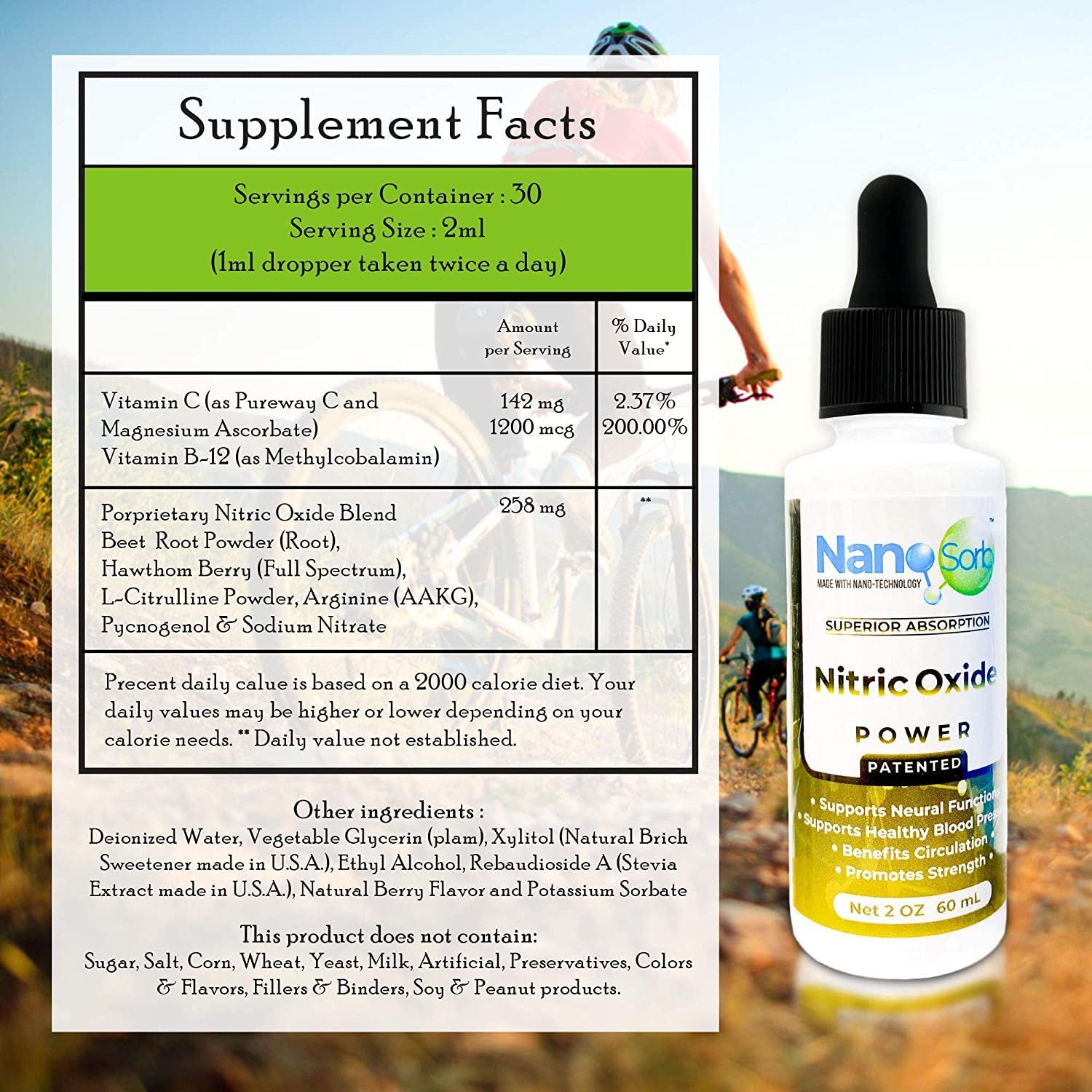 NanoCorHealth Nitric Oxide Supplement - Extra Strength NO Booster Complex with L-Citrulline, Arginine - Aids Strength, Exercise, Brain Performance, Circulation, Lower Blood Pressure - 2oz, 60ml Drops
