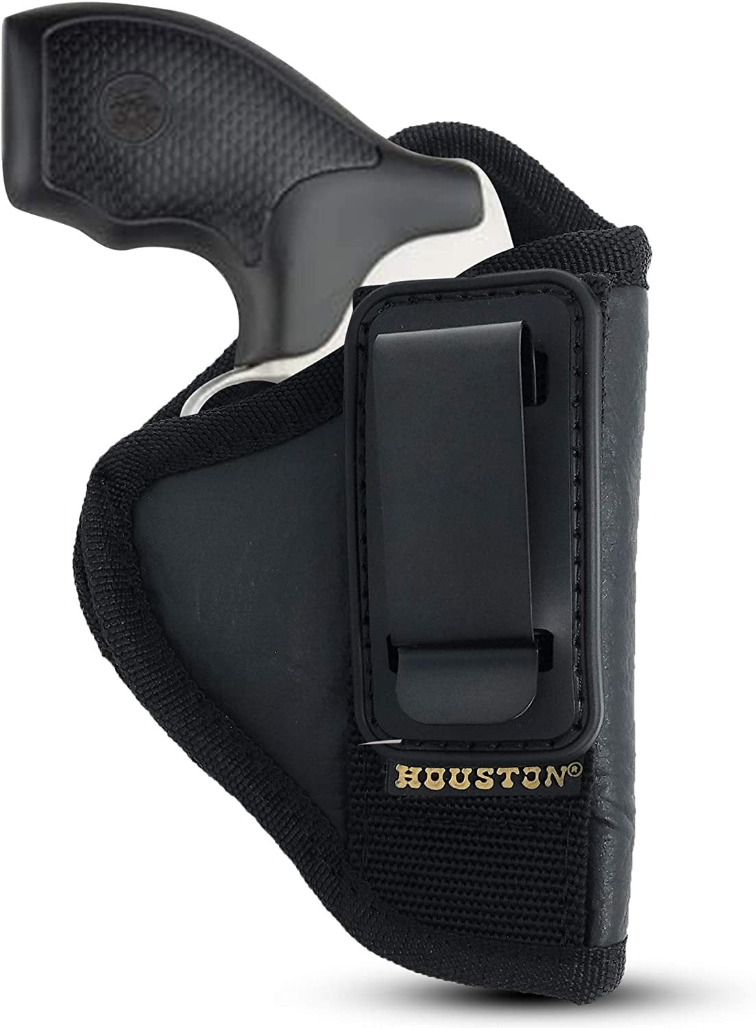 IWB TUCKABLE Revolver Holster by Houston - ECO Leather Concealed Carry Soft Material | Suede Interior for Protection | Fits Any 38 J Frames, S&W, Charter Arms, Rossi 38, Taurus,BG,LCR (Right) Black