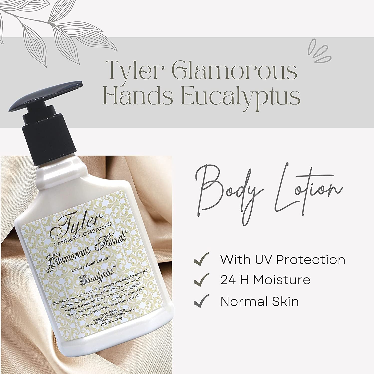 Worldwide Nutrition Tyler Candle Company Eucalyptus Glamorous Hand Wash and Hand Lotion Gift Set - Pack of 2, 8 Oz Scented Hand Cream Pump Bottles for Luxury Skin Care with Bonus Key Chain