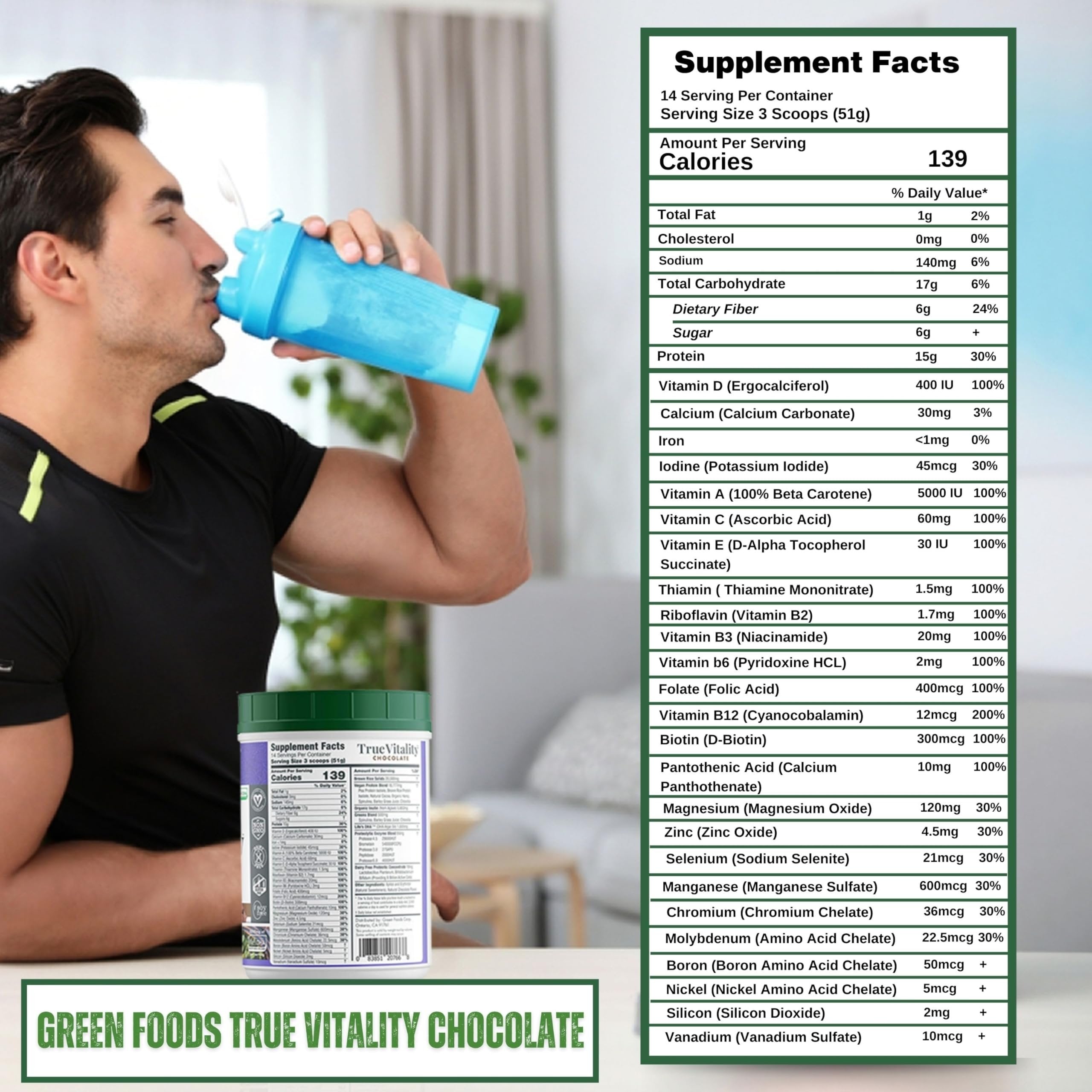 Green Foods True Vitality Plant Protein Shake with DHA Chocolate- 25.2 oz Protein Powder Gluten Free Breakfast Shake Powder and Multi-Purpose Key Chain