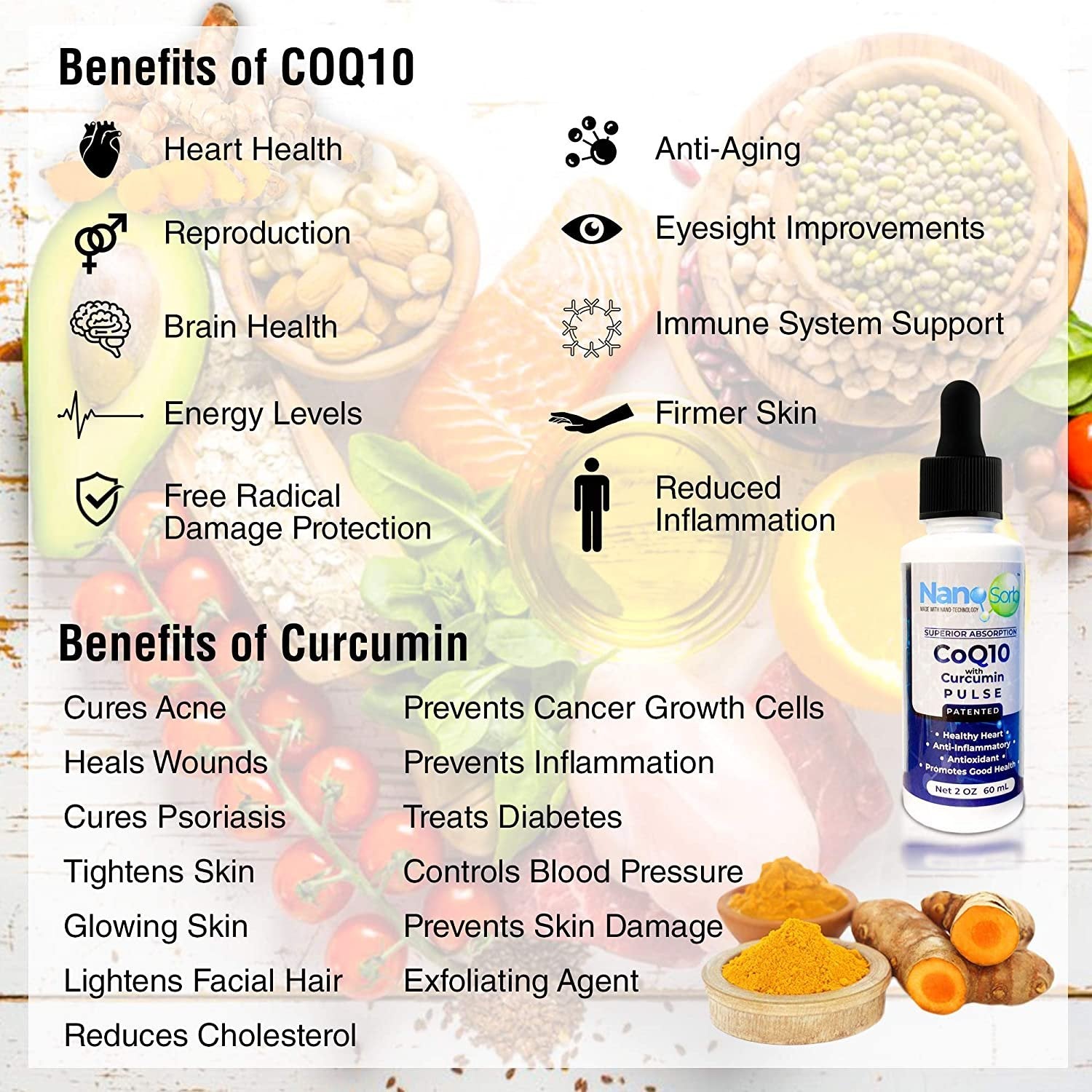 NanoCorHealth Pulse CoQ10 with Curcumin Supplement - Support Heart Health, Cardiovascular Wellness with Liquid Coenzyme Q10 - Sublingual Energy Booster Antioxidant Complex with L-Carnitine - 2oz, 60ml