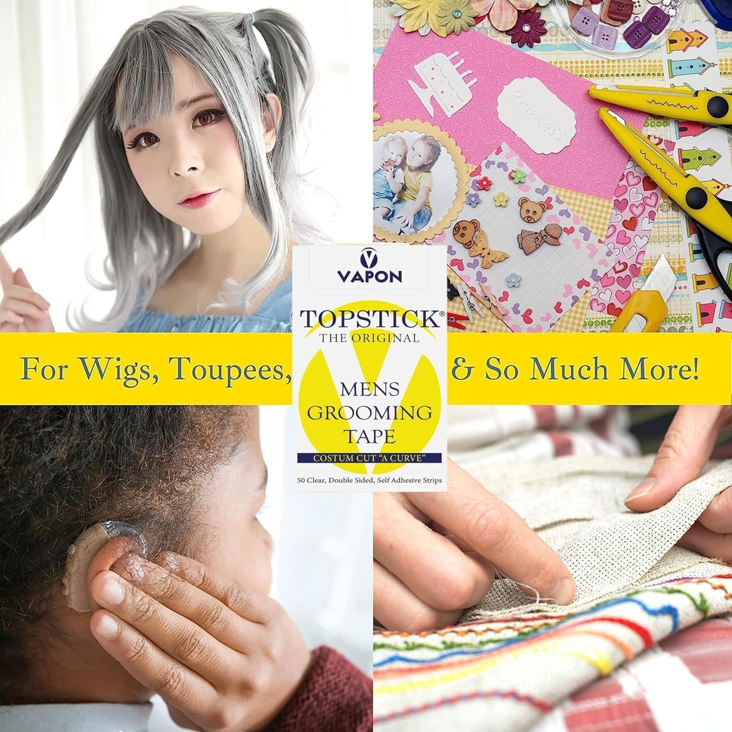 Vapon Topstick Custom Cut A Curve - Clear Grooming Tape - Double-Sided Strips Lace Tape for Wigs - 6 Pack of 50 ct with Keychain