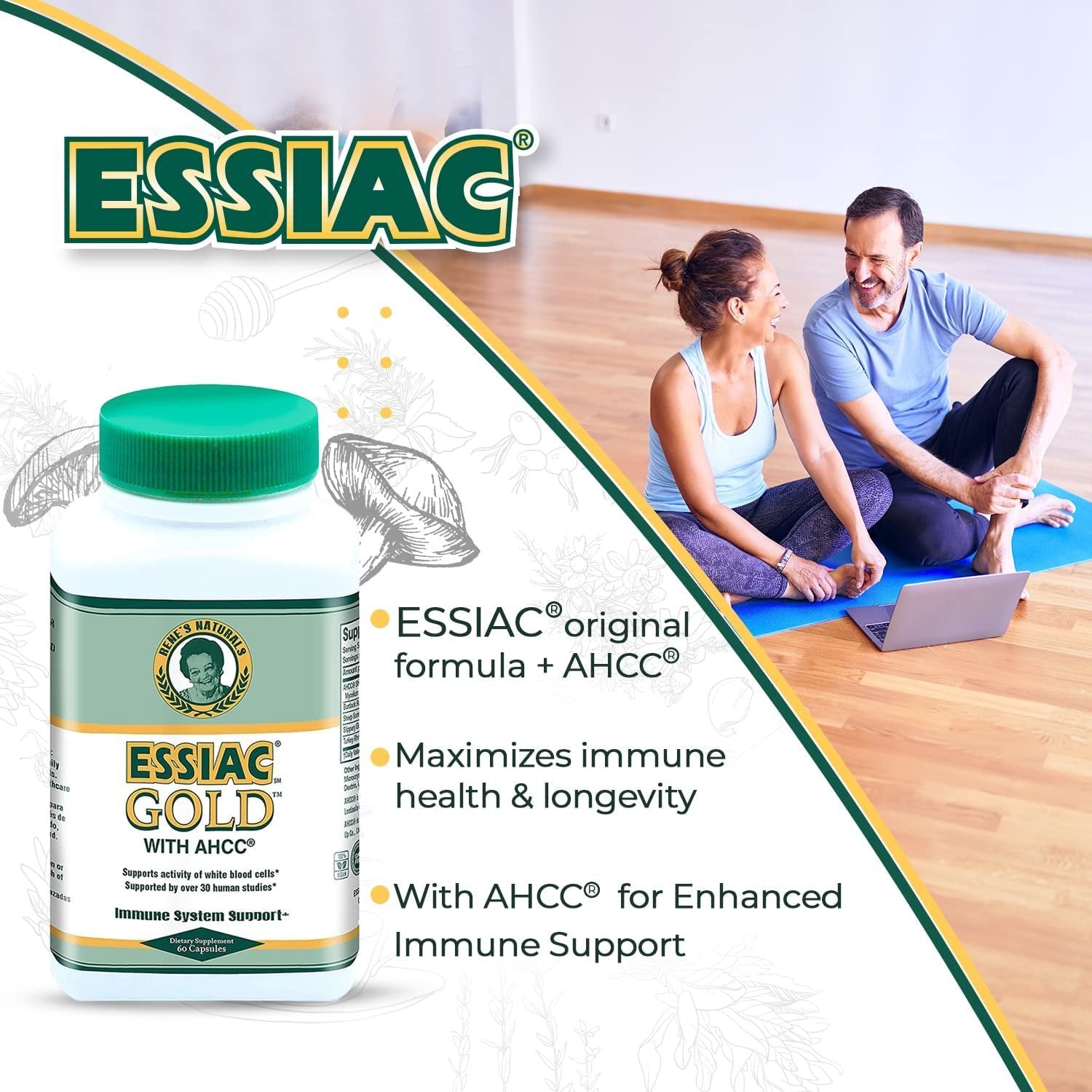 Essiac Gold Extract with AHCC Supplement Mushroom Extract for Enhanced Immune Support – 60 Capsules | Powerful Antioxidant Blend to Help Promote Overall Health & Well-Being