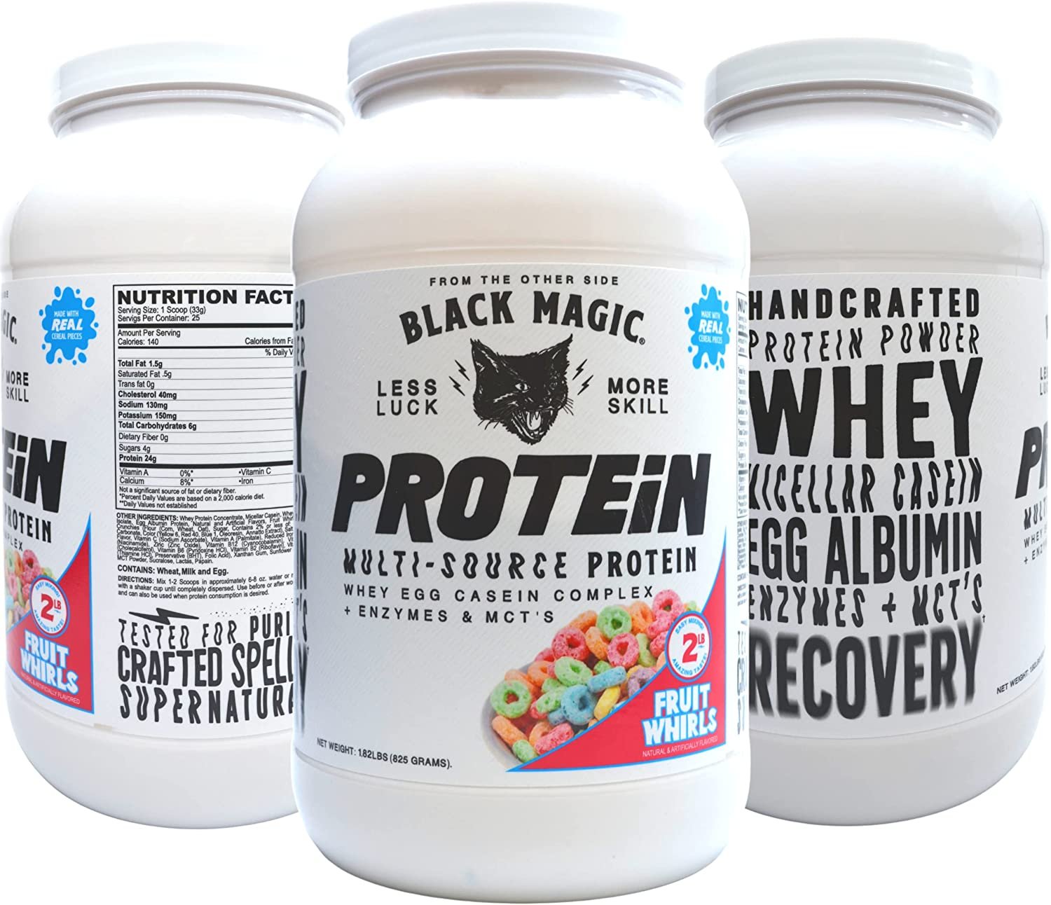 Fruit Whirls Black Magic Multi-Source Protein - Whey, Egg, and Casein Complex with Enzymes & MCT Powder - Pre Workout and Post Workout - 24g Protein - 2 LB with Bonus Key Chain