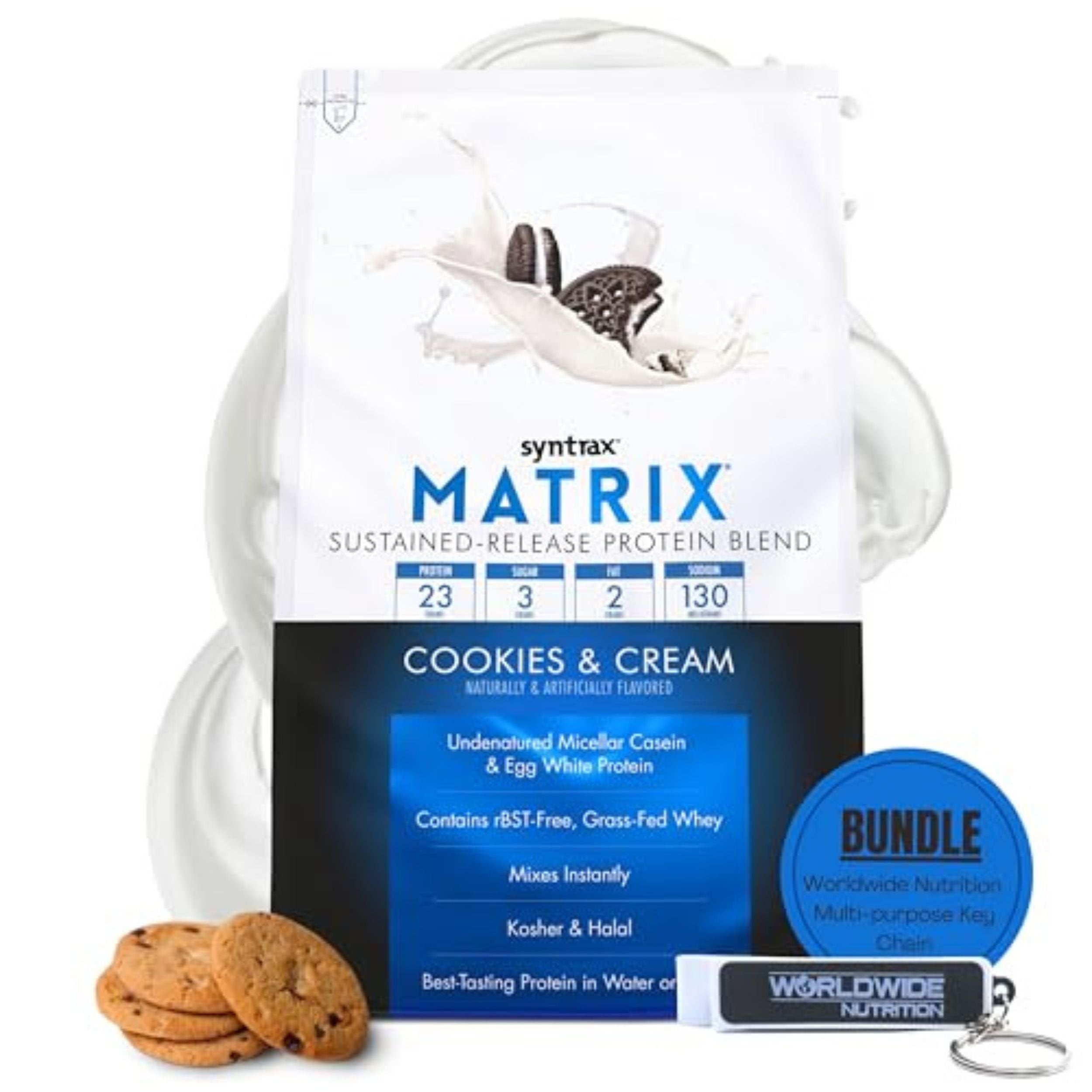 Syntrax Bundle: Matrix Protein Powder 2.0 Sustained-Release Whey Protein Powder Blend - Instant Mix Protein Powder Cookies and Cream, 2 Pounds with Worldwide Nutrition Keychain