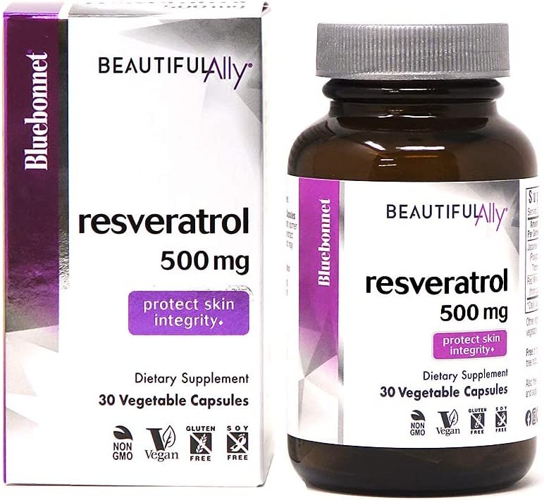 Bluebonnet Nutrition Beautiful Ally Resveratrol 500mg, Best for Skin, Antioxidant, Beauty Nutrient, Vegan, Vegetarian, Non GMO, Gluten Free, Soy Free, 30 Vegetable Capsules, 30 Servings