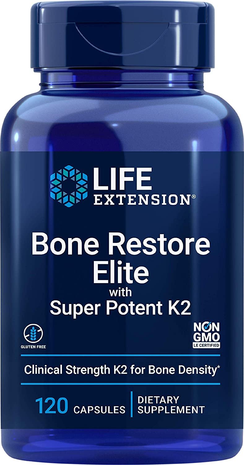 Life Extension Bone Restore Elite with Super Potent K2 - Clinically Studied Vitamin K2 & Calcium Promotes Healthy Bone Mineral Density, Bone-Friendly Formula - Non-GMO, Gluten-Free - 120 Capsules