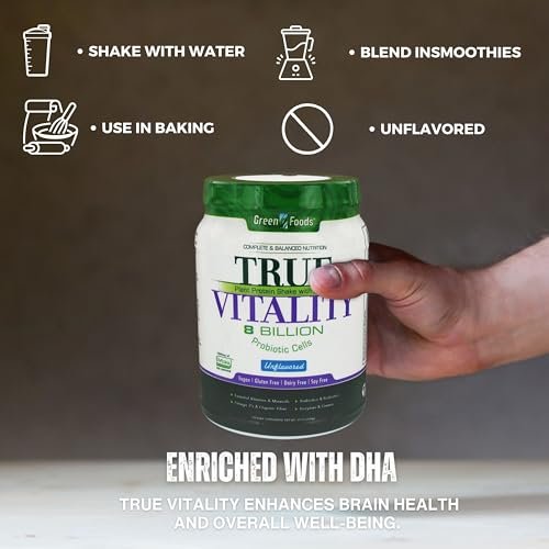 Green Foods True Vitality Plant Protein Shake with DHA Unflavored - 25.2 oz Protein Powder Gluten Free Breakfast Shake Powder and Multi-Purpose Key Chain