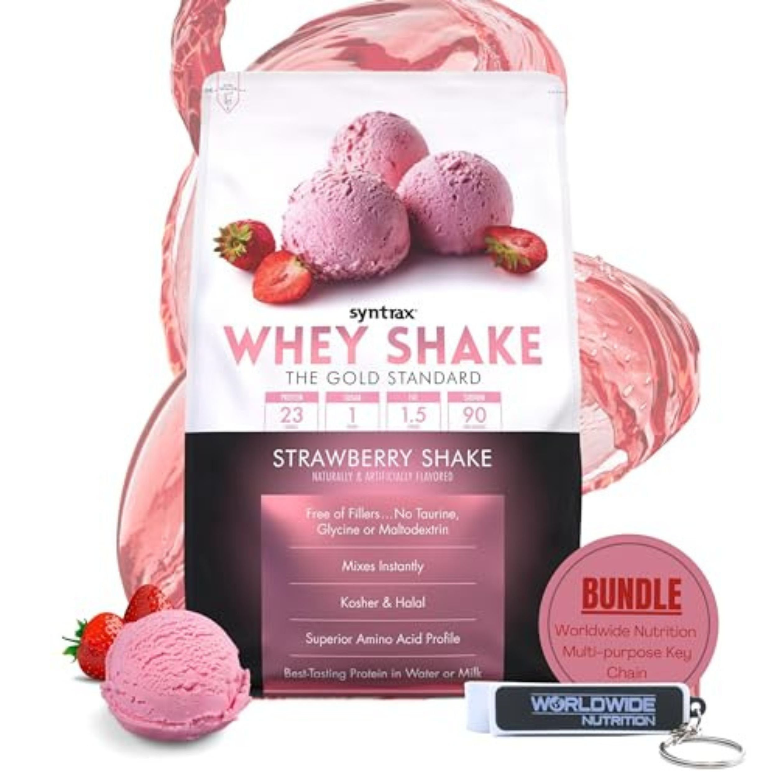 Syntrax Bundle, 2 Items Whey Shake Strawberry Shake Native Grass-Fed Wholesome Denatured Whey Protein Concentrate with Glutamine Peptides 5 Pounds with Worldwide Nutrition Keychain