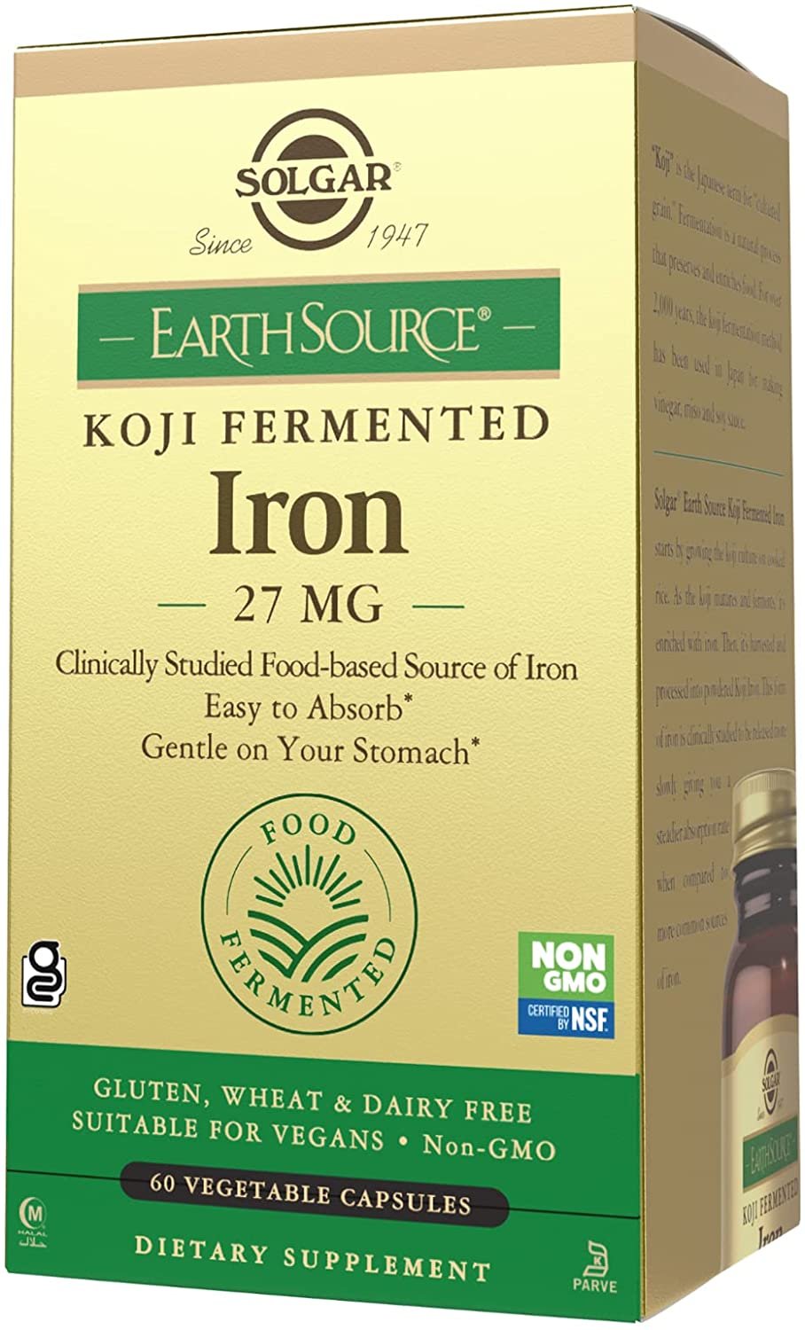 Solgar Earth Source Food Fermented Koji Iron 27mg, 60 Vegetable Capsules - Higher-Absorption, Slow-Release Iron - Gentle on The Stomach - Non-GMO, Vegan, Gluten Free, Dairy Free, Kosher - 60 Servings