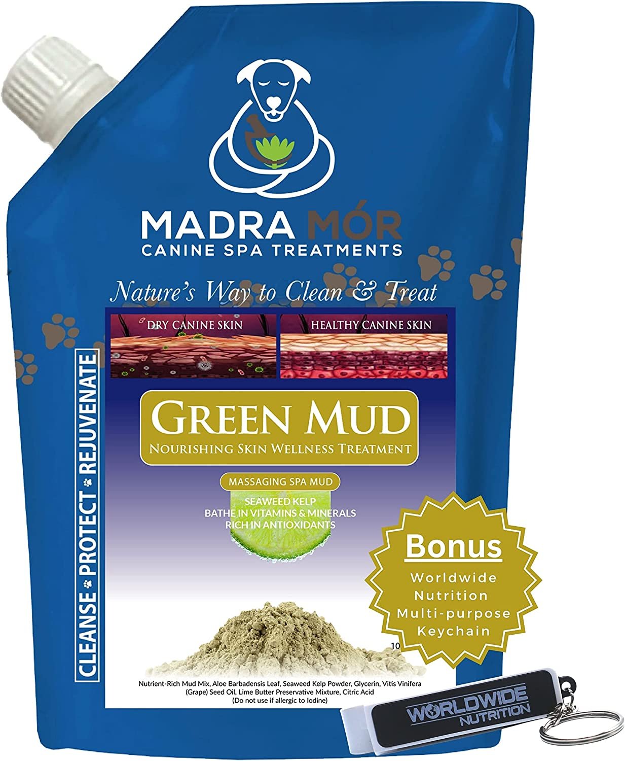 Madra Mor Massaging SPA Mud - Luxurious Dog Skin Wellness Treatment - Cleanse - Protect - Rejuvenate - Green Mud - 1 Pack (10oz) - with Multi-Purpose Key Chain