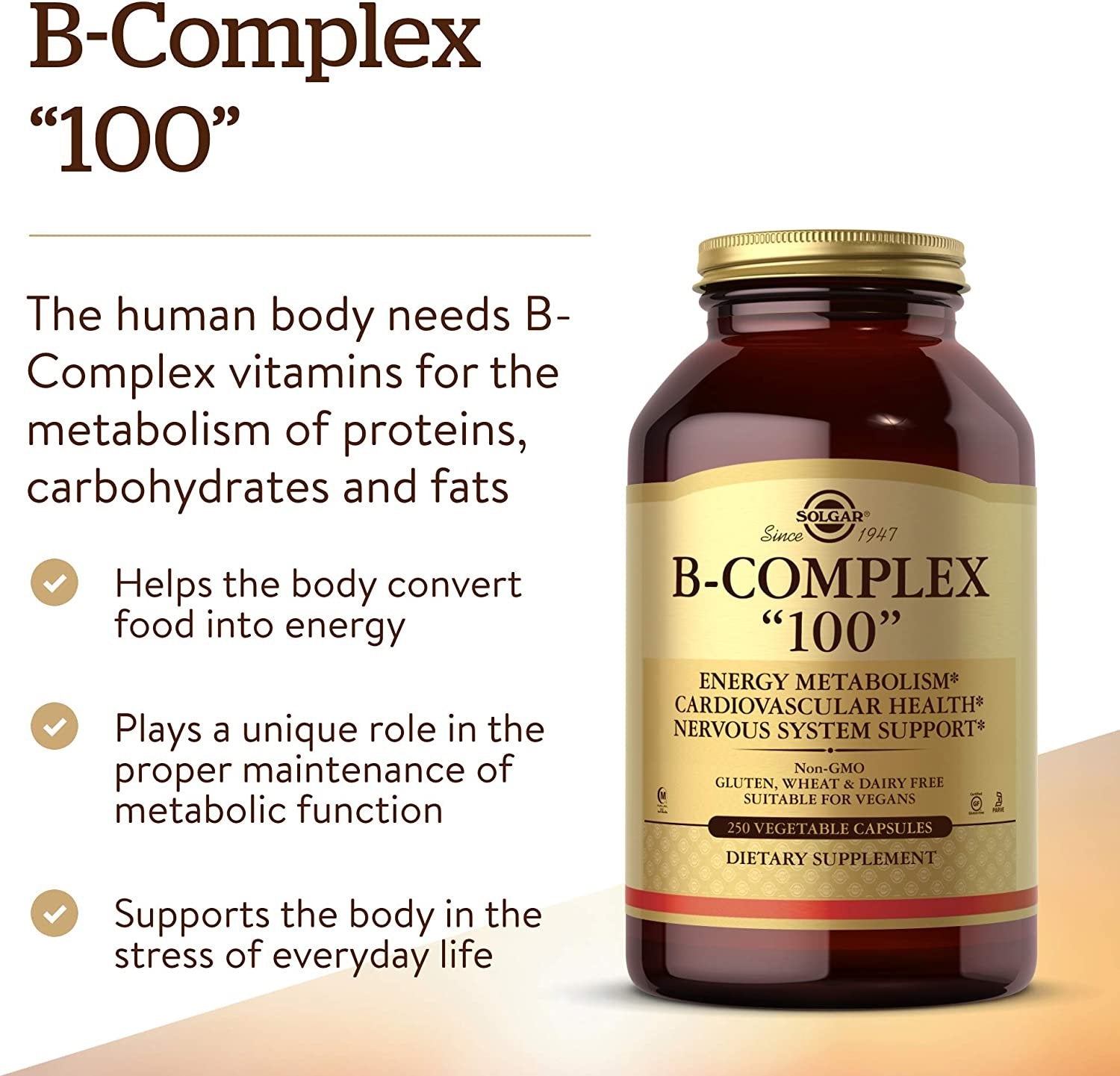 Solgar B-Complex "100" - Heart, Nervous System, Energy Metabolism - 250 ct