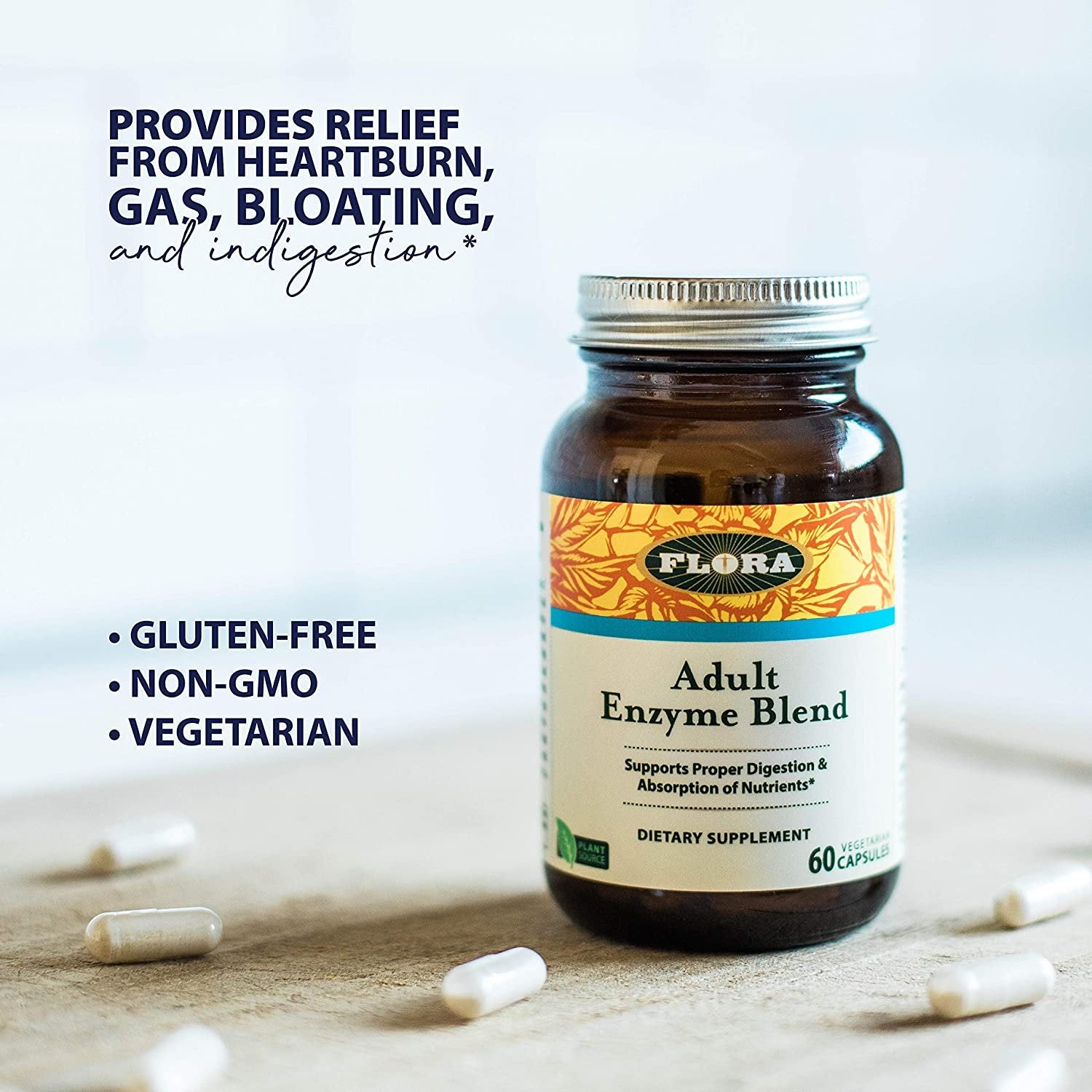 Flora - Adult Enzyme Blend, Aids in Digestion, Enhances Digestion & Absorption of Nutrients, 60 Vegetarian Capsules