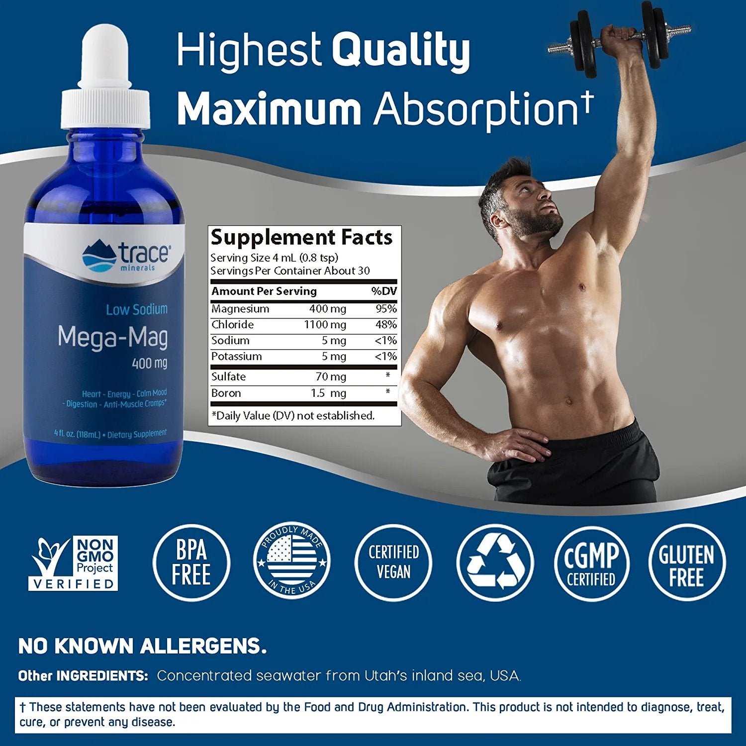 Trace Minerals | Mega-Mag 400 mg Liquid Magnesium Chloride | Supports Normal Blood Pressure, Heart Health, Calm Mood, Digestion, Sleep | Helps with Muscle Cramps, Spasms, Chronic Headaches | 60 Servings, 4 fl oz (2 Pack)