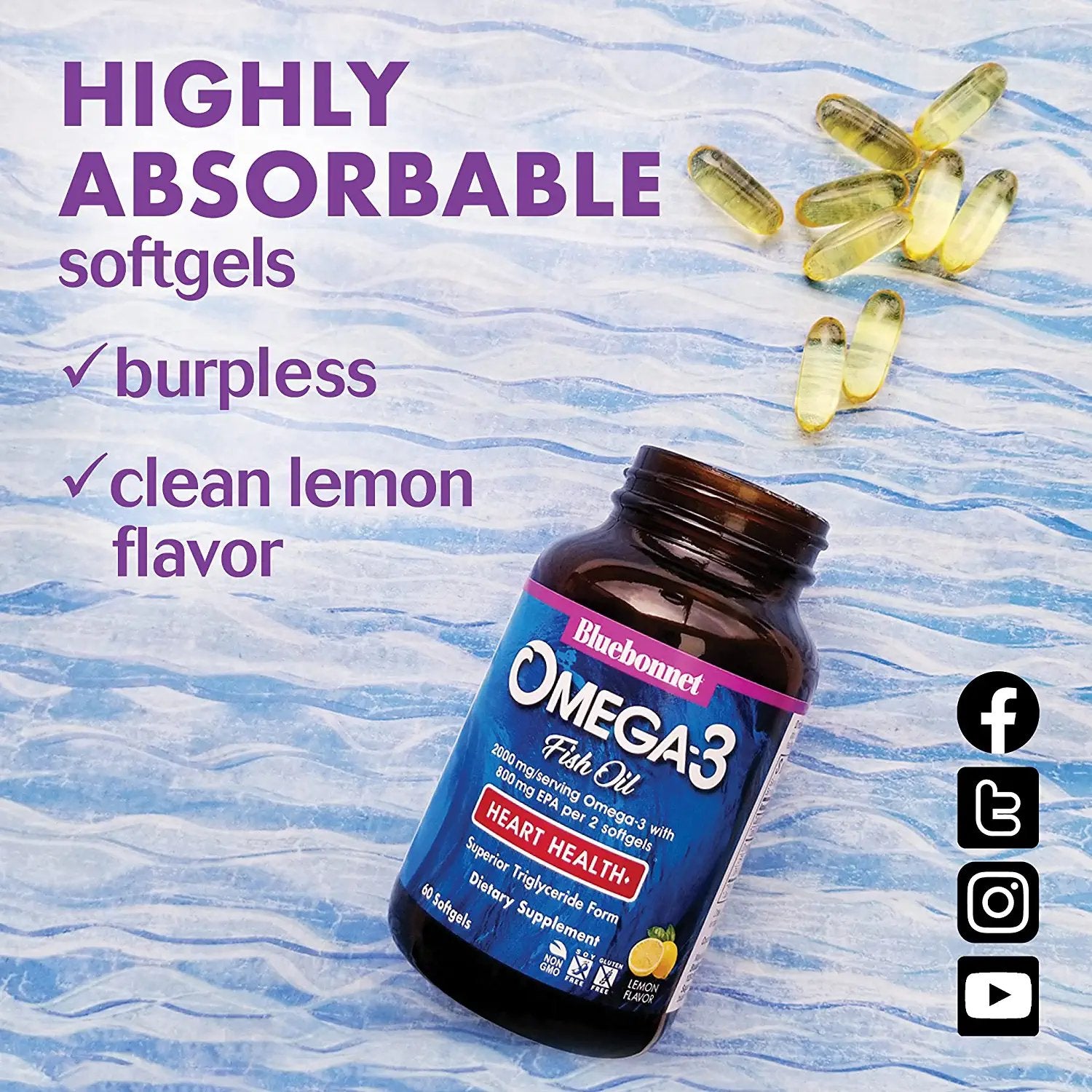 Bluebonnet Nutrition Omega-3 Heart Formula Natural Wild Caught Triglyceride Form DHA 600 mg EPA 800 mg - Highly Concentrated Cardiovascular Health Support Supplement - Gluten-Free - 120 Softgel