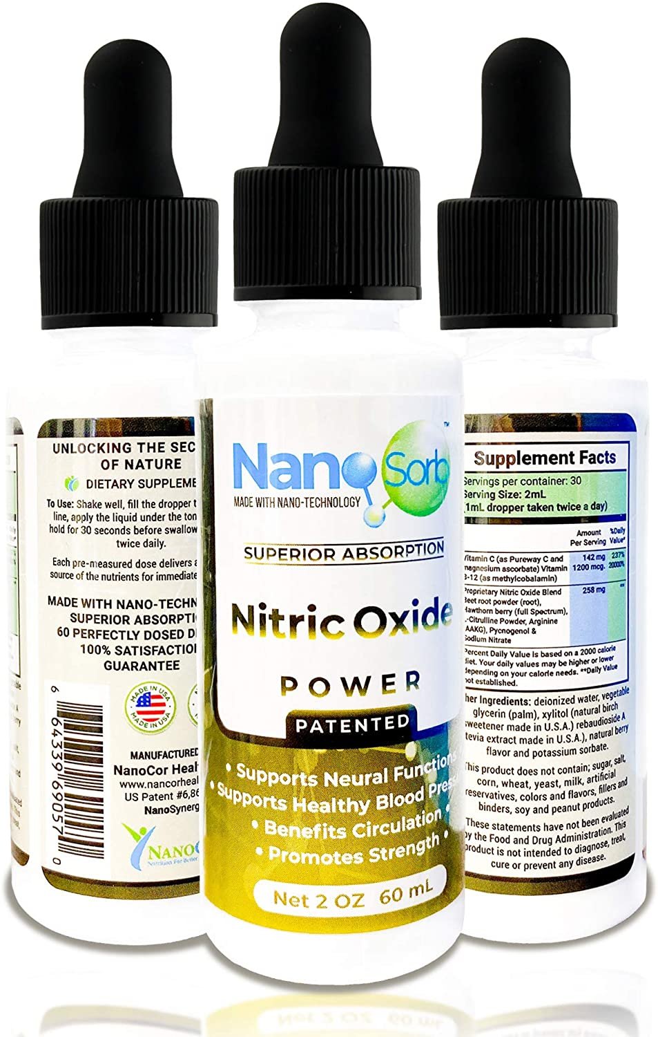 NanoCorHealth Nitric Oxide Supplement - Extra Strength NO Booster Complex with L-Citrulline, Arginine - Aids Strength, Exercise, Brain Performance, Circulation, Lower Blood Pressure - 2oz, 60ml Drops