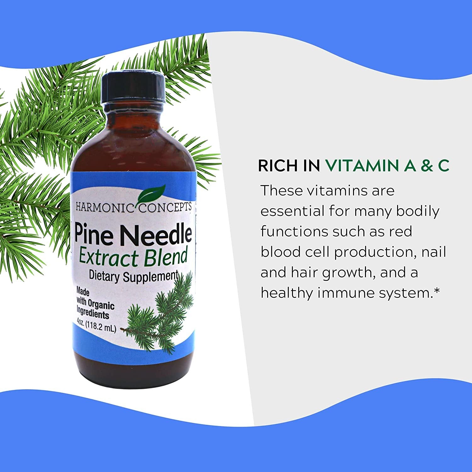 Harmonic Concepts Pine Needle Extract Blend - Organic Liquid Dietary Supplement - Vitamin A and Vitamin C - Immune Support Supplement - 4 Oz with Worldwide Nutrition Multi Purpose Key Chain