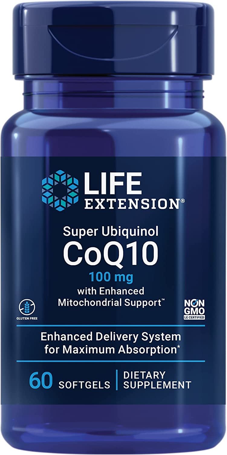 Life Extension Super Ubiquinol CoQ10 100 mg with Enhanced Mitochondrial Support - For Anti-Aging, Heart & Brain Health and Healthy Cholesterol - Gluten Free, Non-GMO – 60 Softgels