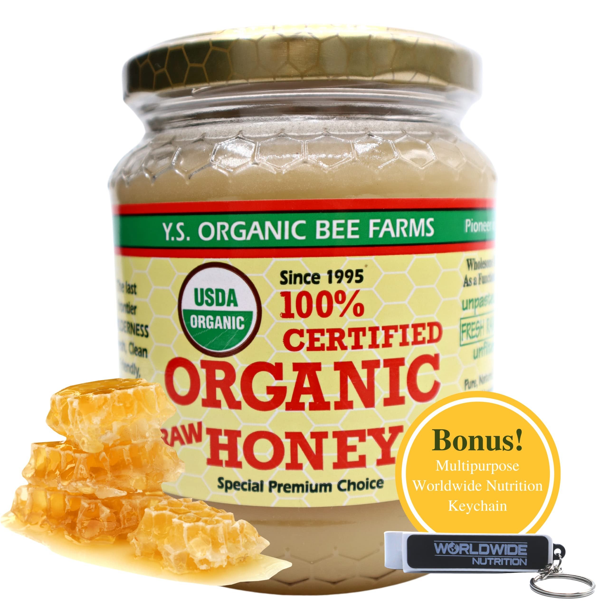 Y.S. Organic Bee Farms 100% Certified Y.S. Organic Raw Honey - Unpasteurized, Unfiltered, Pure Natural Honey - Gluten Free Organic Food and Natural Sweetener - 1 Lb Honey Jar with Bonus Key Chain