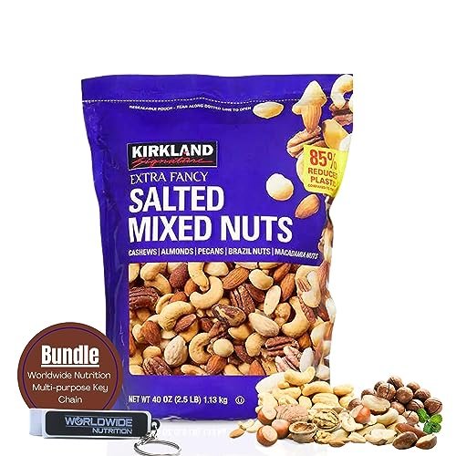 Worldwide Nutrition Bundle 2 Items - Kirkland Fancy Mixed Nuts of Brazil Nuts, Macadamia Nuts Almonds, Pecans and Cashews Roasted Lightly Salted - 40 oz Assorted Nuts & Multi Purpose Keychain