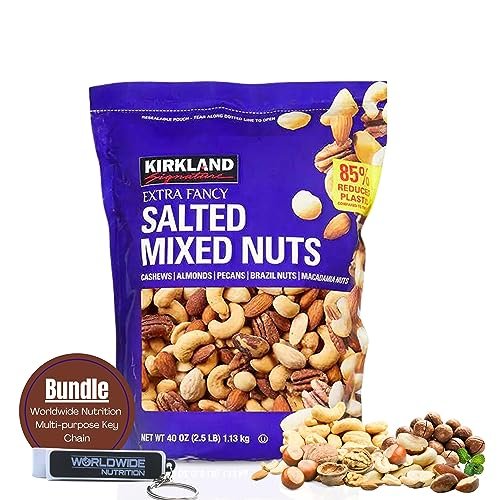 Kirkland Signature Extra Fancy Salted Mixed Nuts, 40 oz - Cashews, Almonds, Pecans, Brazil Nuts and Macadamia Nuts -  Pack of 1 with Multi-Purpose Keychain