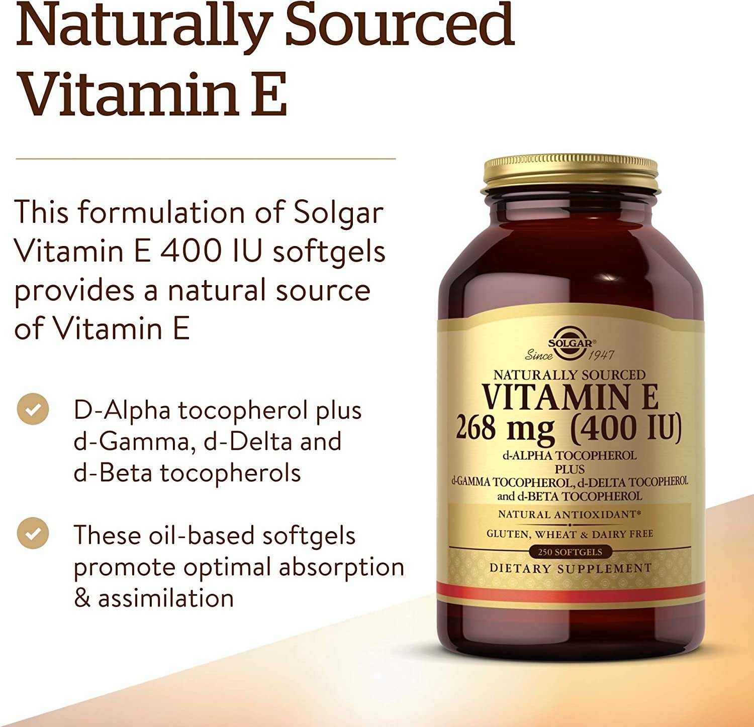 Solgar Vitamin E 268 mg (400 IU), 250 Mixed Softgels - Natural Antioxidant, Skin & Immune System Support - Naturally-Sourced Vitamin E - Gluten Free, Dairy Free - 250 Servings